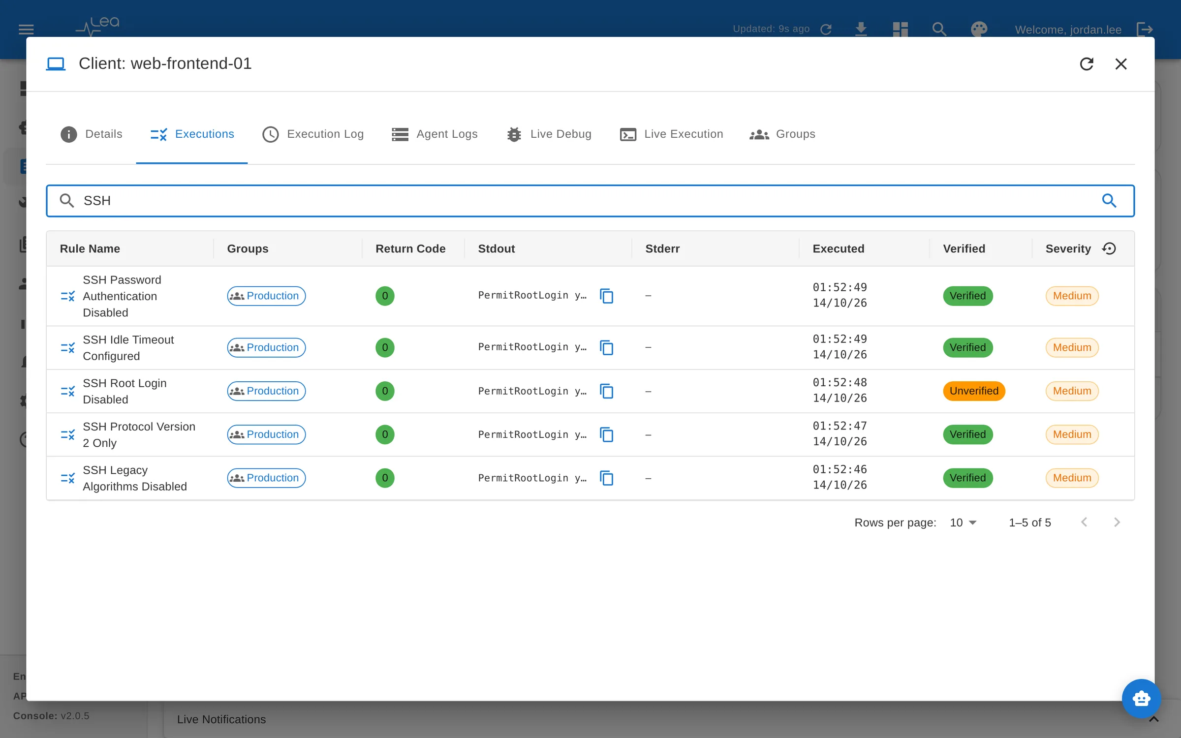 Host overview in LEA Platform with raw command output and the server's verdict per rule