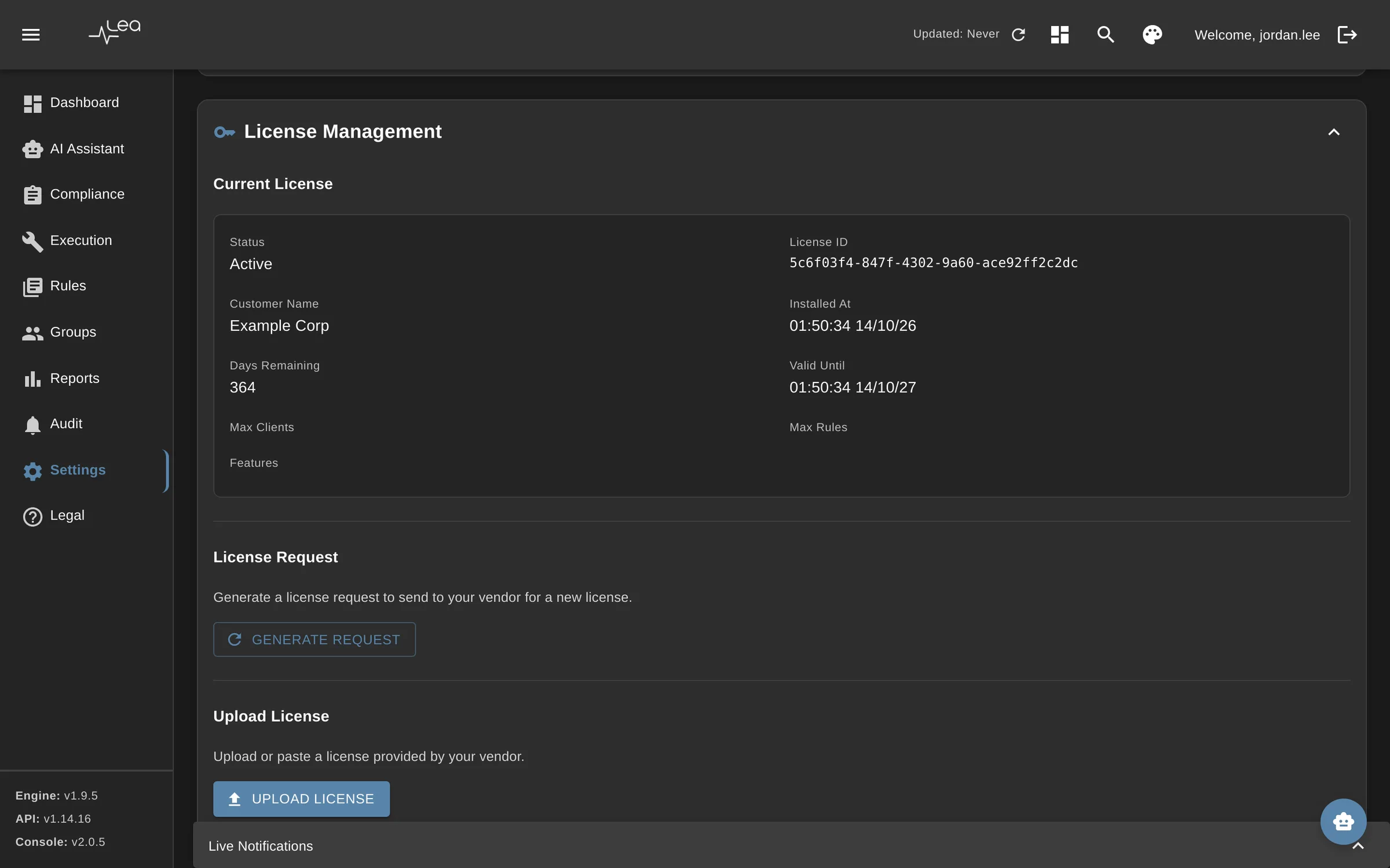 LEA Platform settings with license management