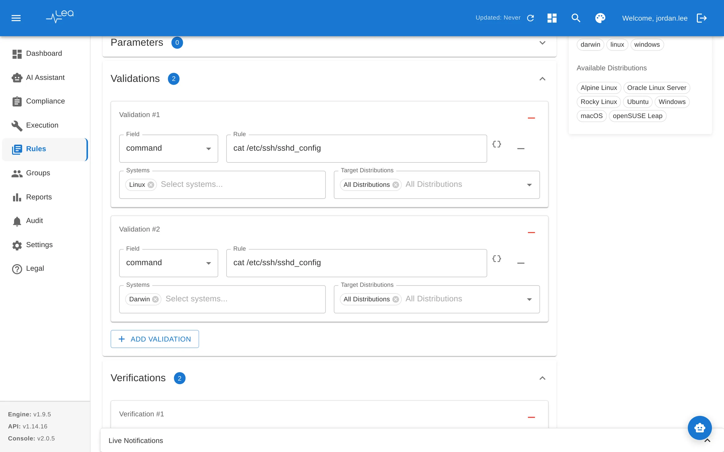 LEA rule editor with validation commands per operating system and expected output patterns