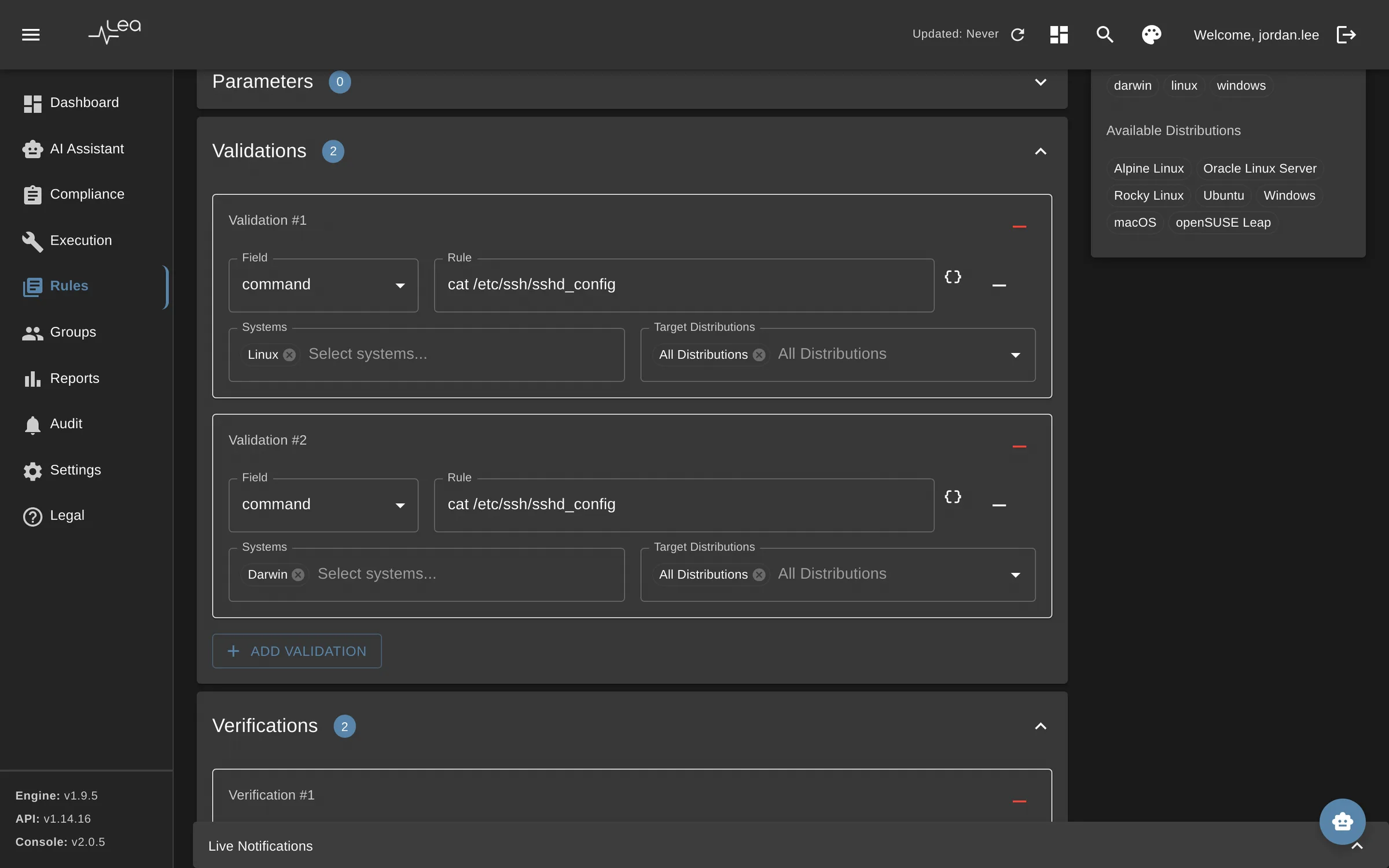 LEA rule editor with validation commands per operating system and expected output patterns