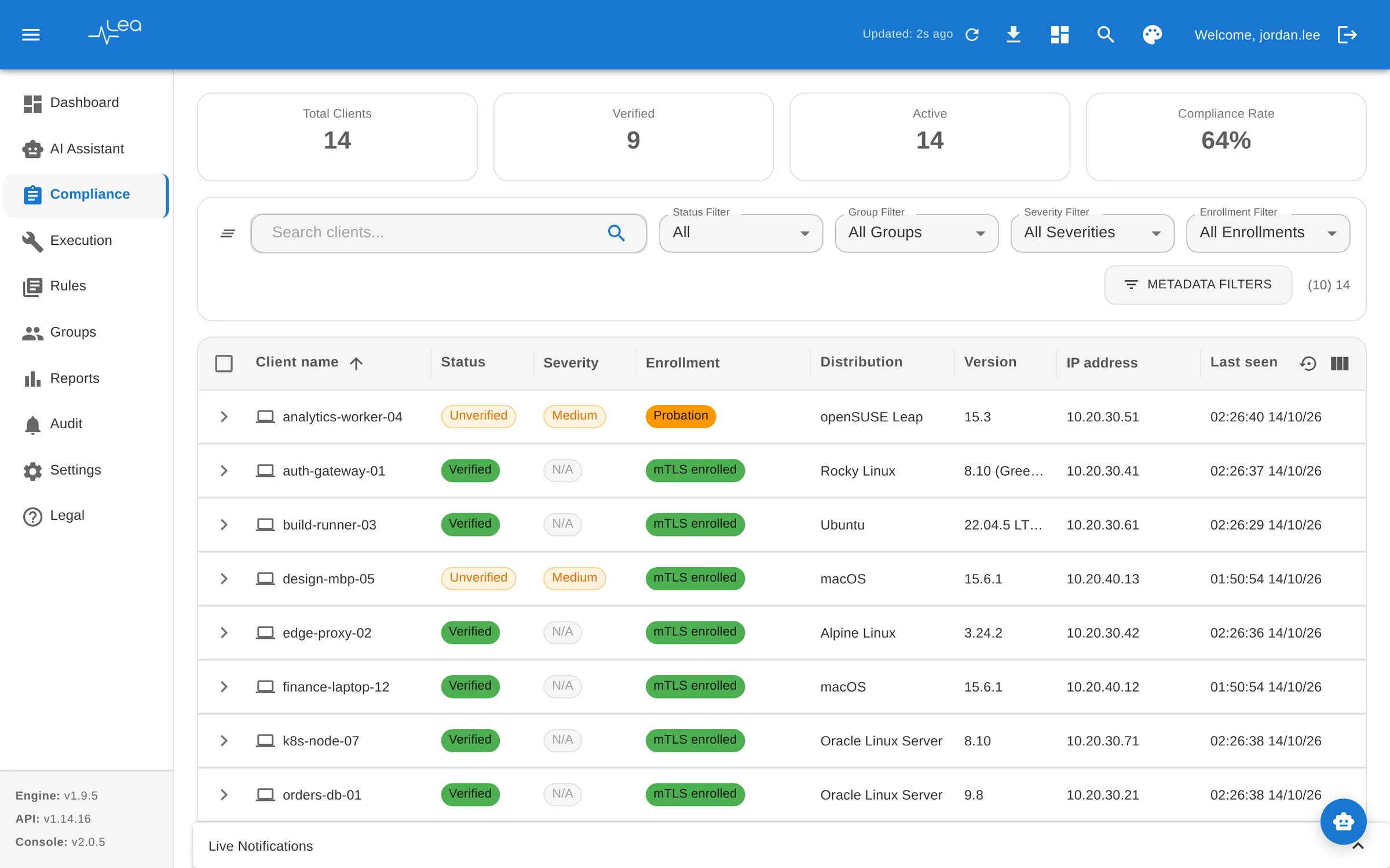 LEA Platform host list with pass/fail status, operating system and enrollment state