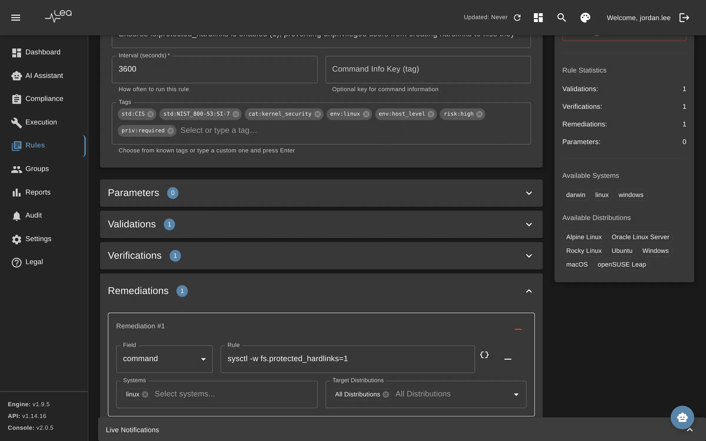 LEA rule editor with validation, expected output and a remedy command for Linux