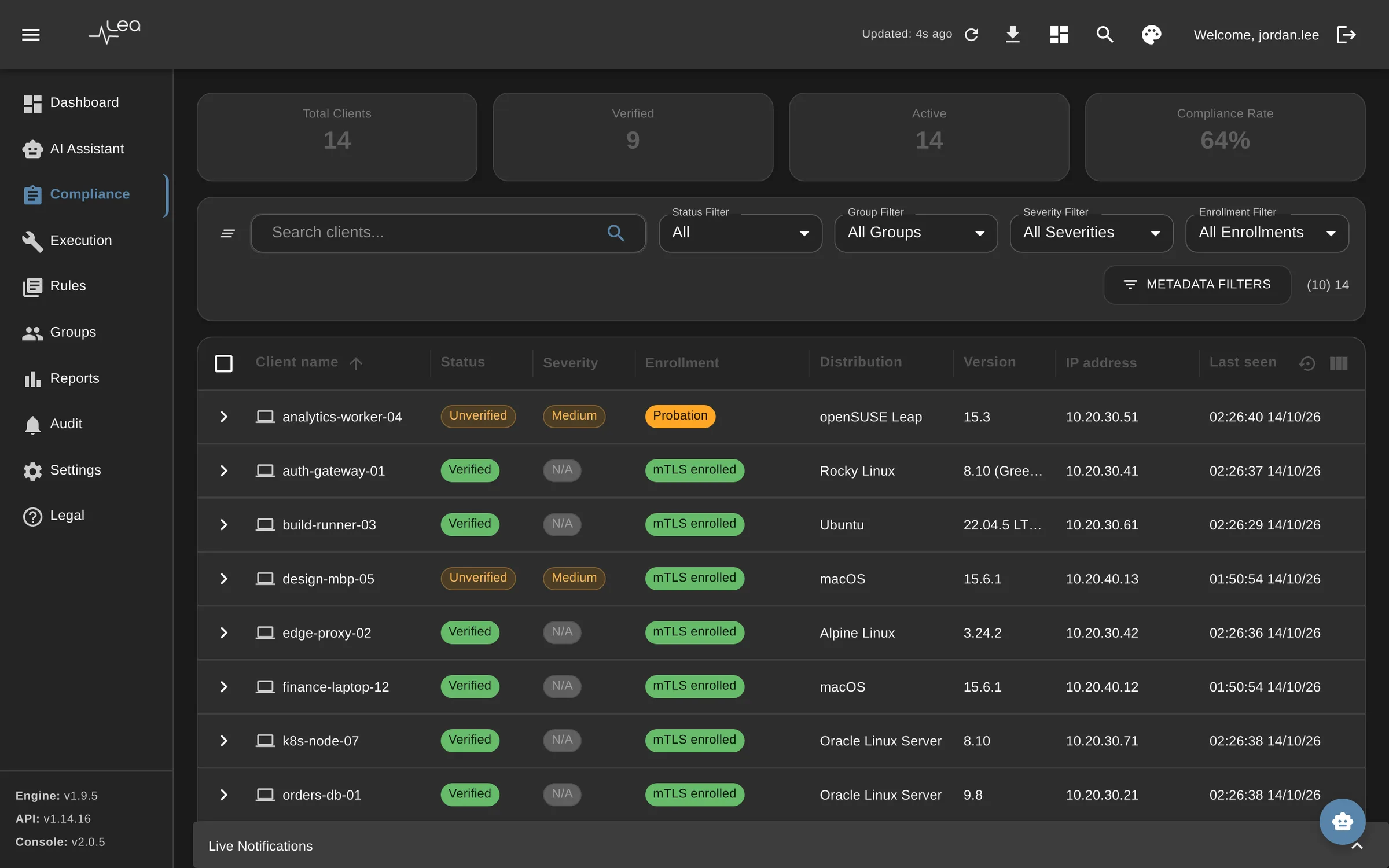 LEA Platform host list with pass/fail status, operating system and enrollment state