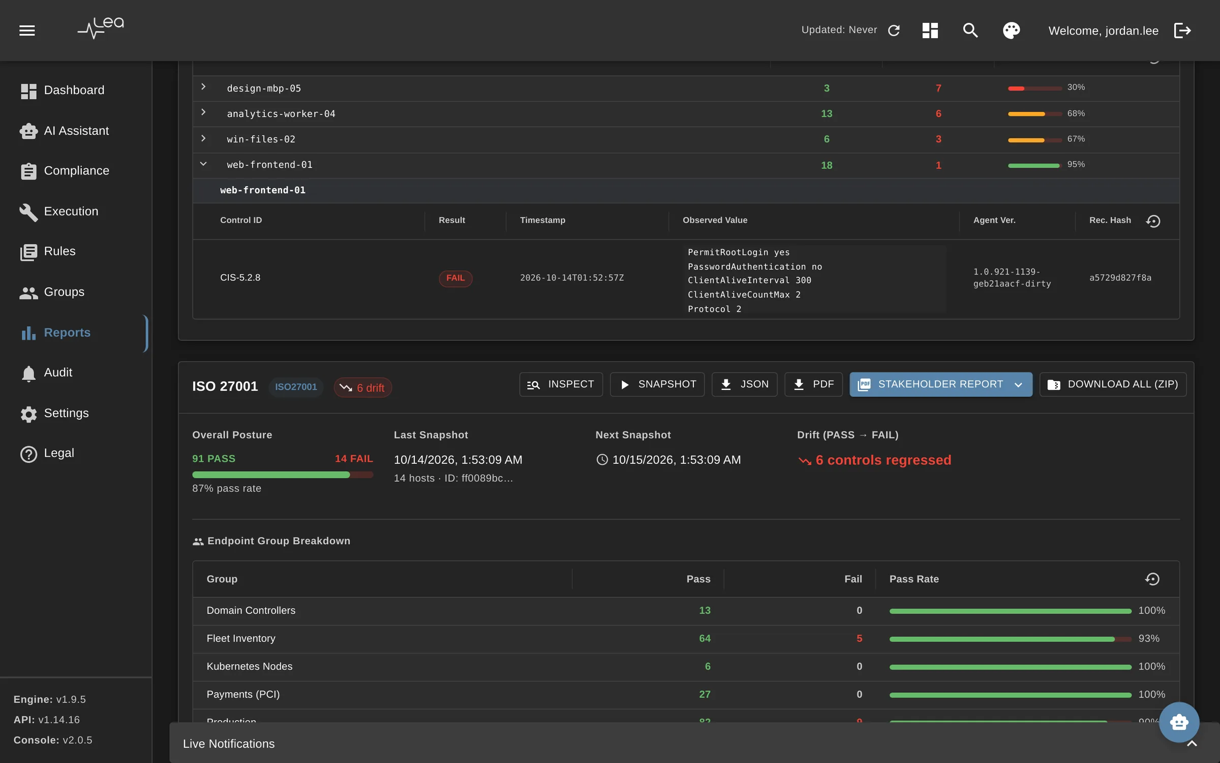 Evidence snapshot detail with per-host results and signature