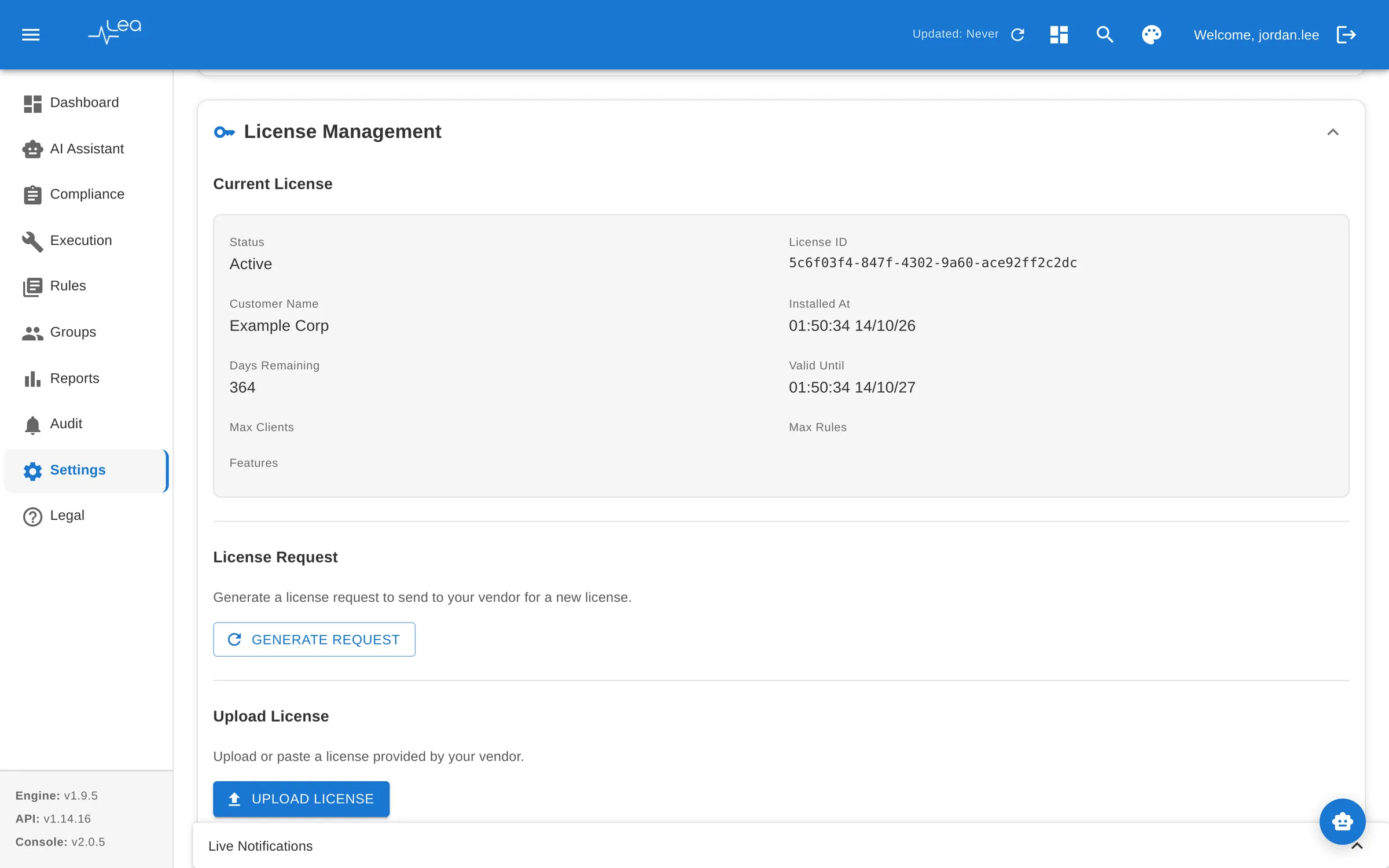 LEA Platform settings with license management