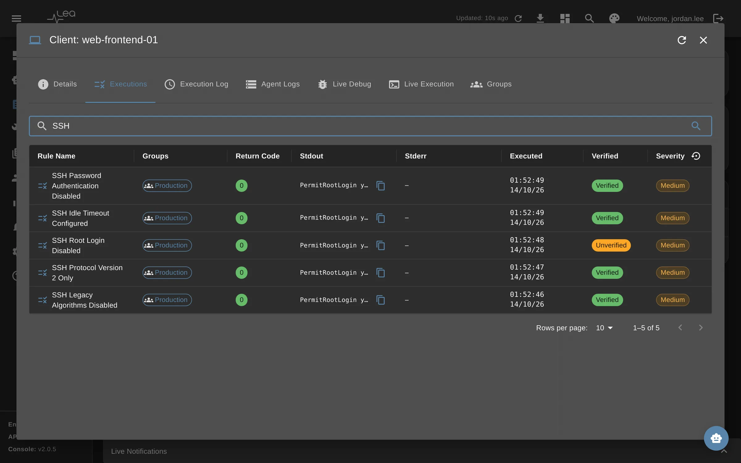 Host overview in LEA Platform with raw command output and the server's verdict per rule