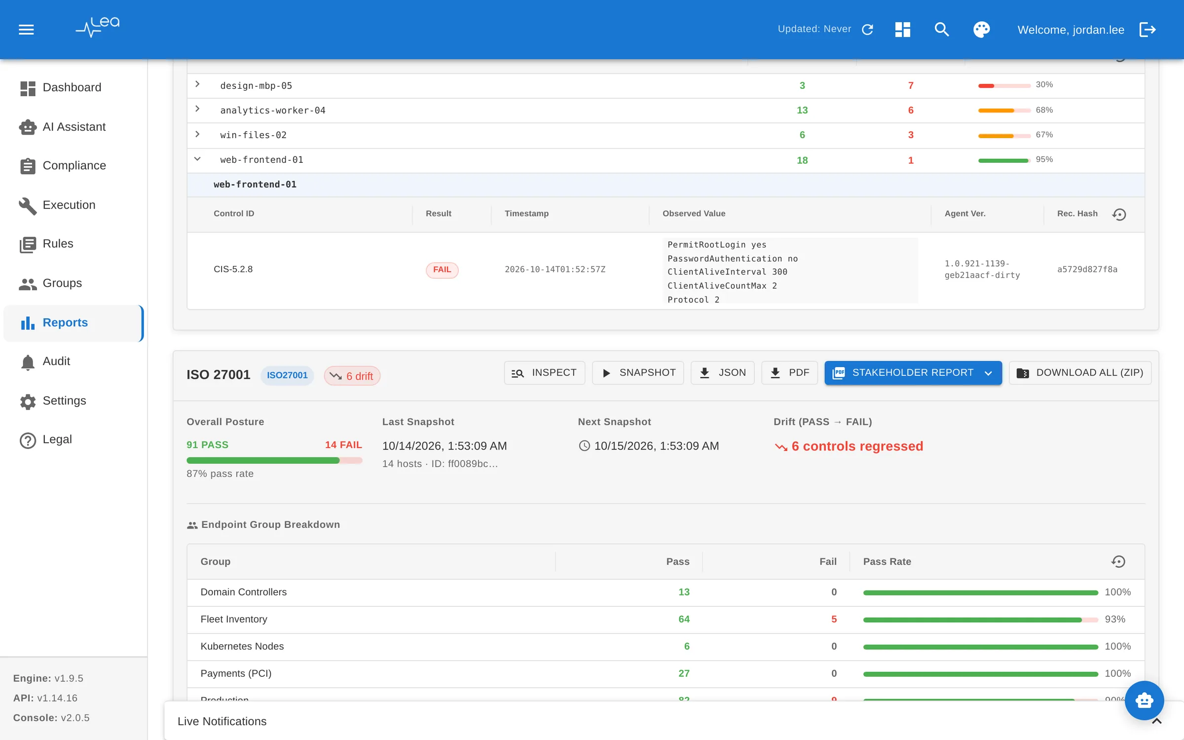 Evidence snapshot detail with per-host results and signature